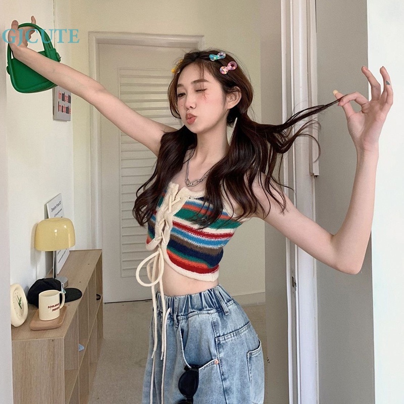 Áo Hai Dây Dệt Kim Ôm Dáng Họa Tiết Kẻ Sọc Nhiều Màu Sắc Gợi Cảm Cho Nữ