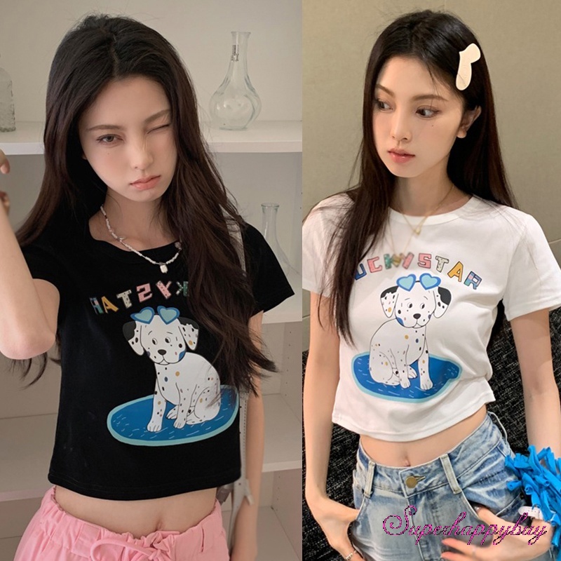 Áo Thun Nữ Ngắn Tay Cổ Tròn In Chữ Dog Đáng Yêu