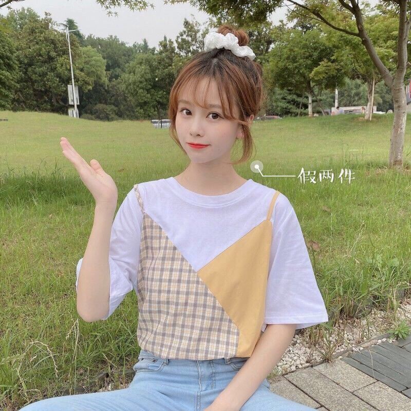 Mới Áo Thun Ngắn Tay Giả Hai Lớp Phong Cách Trẻ Trung Dành Cho Nữ