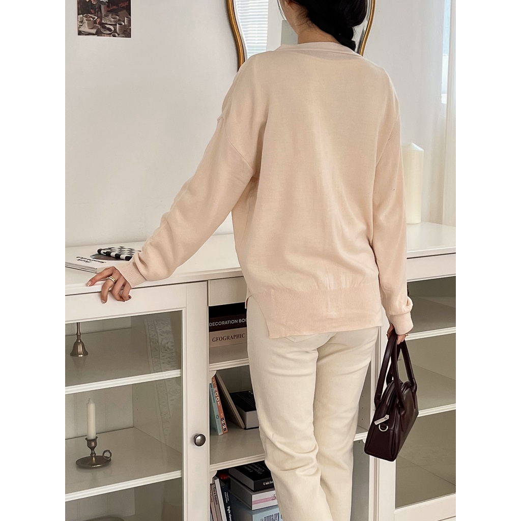 Answered Patch V-Neck Knit Cardigan -  V-neck Cardigan - Cardigan - FREE - 1