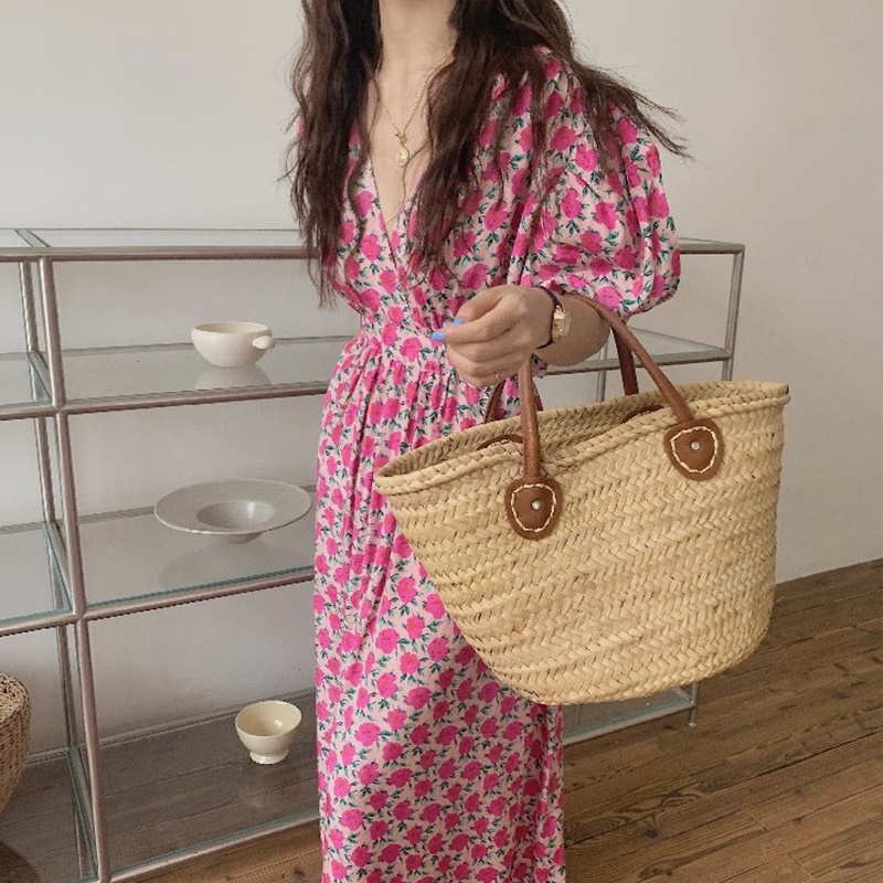 Đầm Dài Tay Phồng Cổ Chữ V In Hoa Thời Trang Mùa Hè Ngọt Ngào Dành Cho Nữ