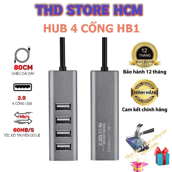 Hub USB 4 cổng HB1 dây dài 80cm chia usb mở rộng kết nối chuyển đổi cho táo Laptop PC tốc độ cao tặng kèm 2 cường lực