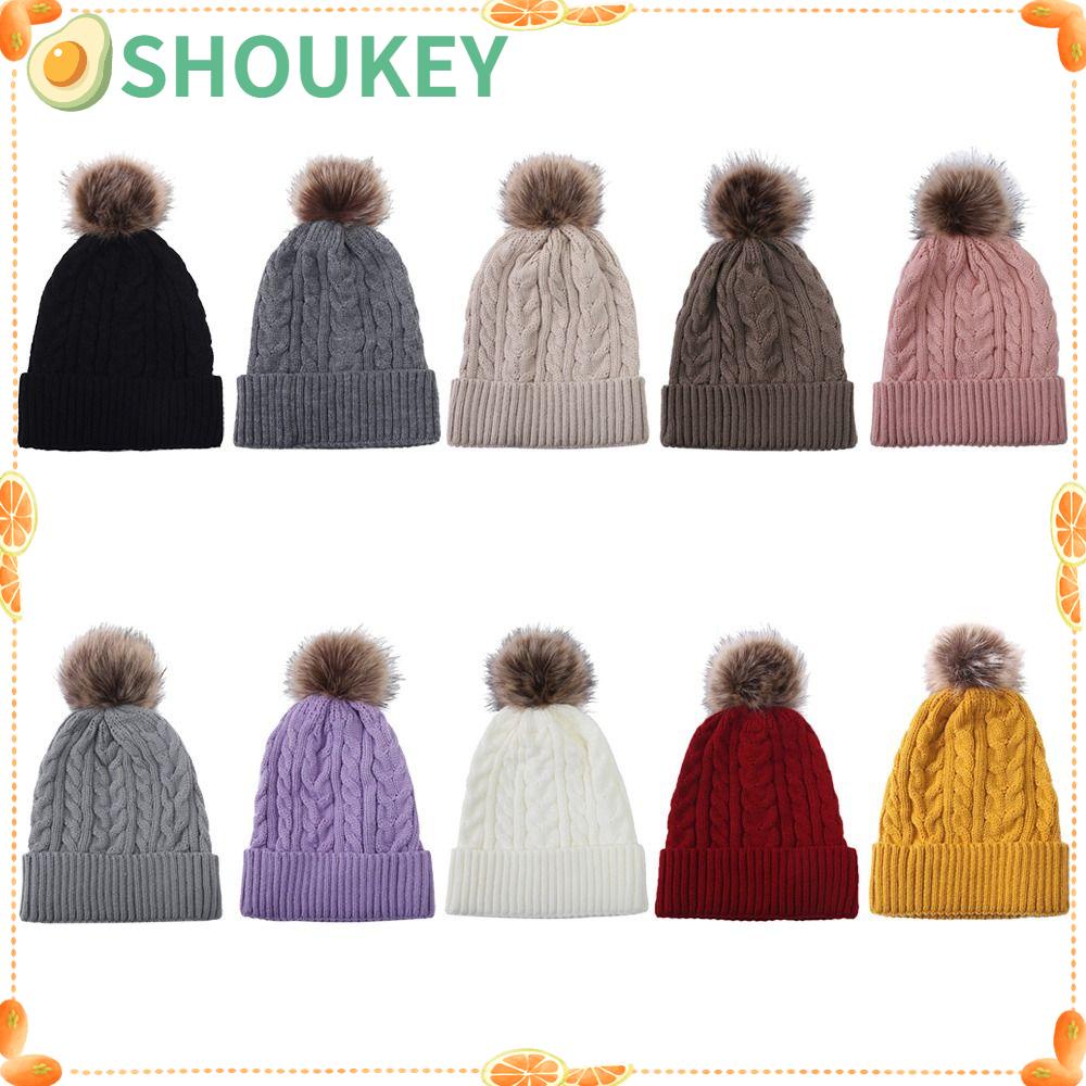 SHOUKEY Mũ Len Trùm Đầu Màu Trơn Đính Quả Bông Dễ Thương Cho Nữ