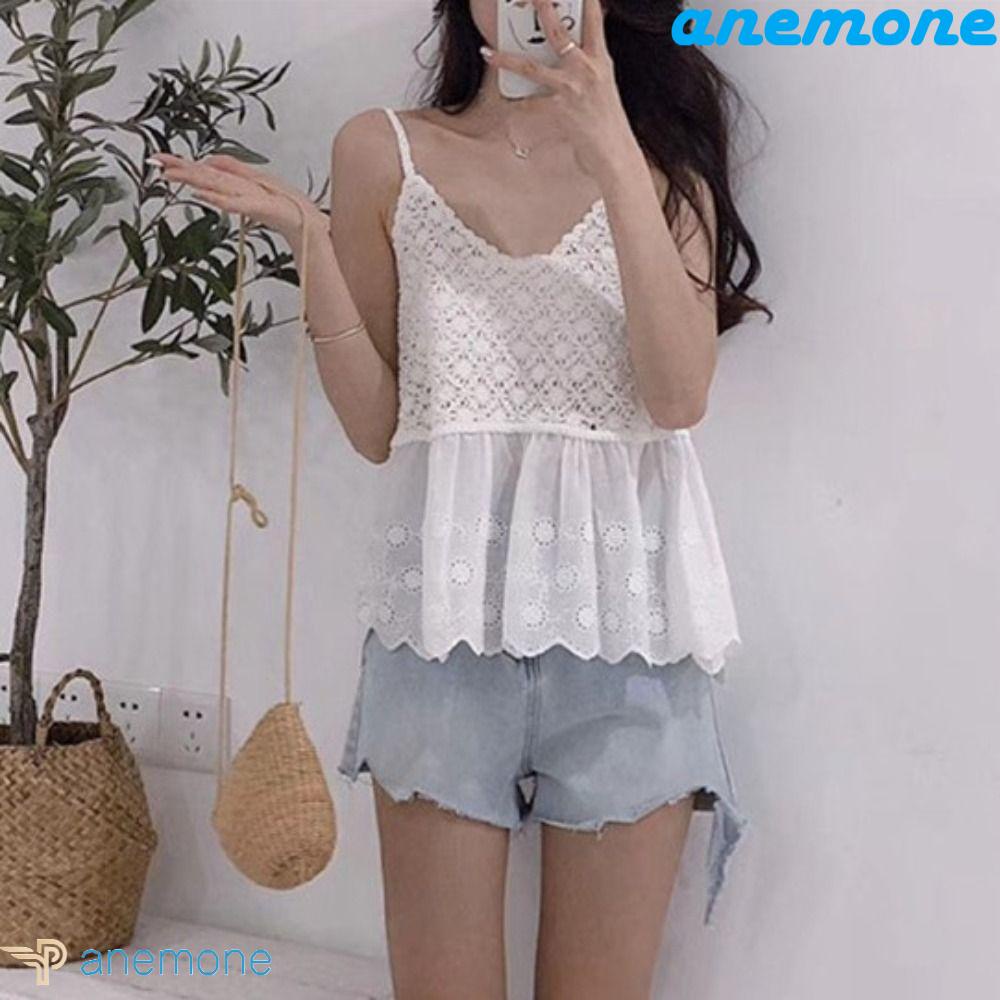 ANEMONE Áo Tank Top Cotton Cổ Chữ V Khoét Lỗ Dễ Thương Phong Cách Retro Hàn Quốc