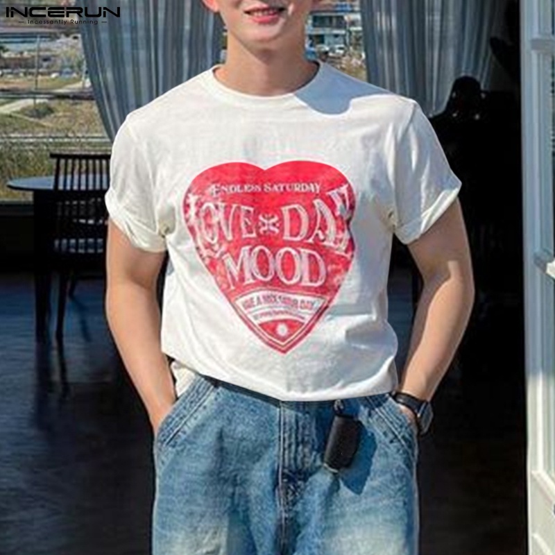 INCERUN Áo Thun Nam Ngắn Tay In Chữ Love Thời Trang Hàn Quốc