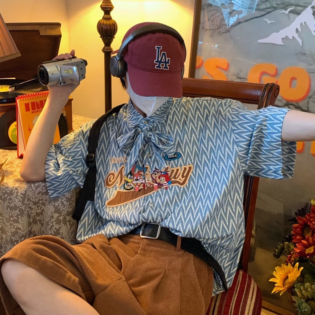 Áo Sơ Mi Tay Ngắn Kẻ Sọc Thêu Họa Tiết Phong Cách Retro Mỹ Thời Trang Mùa Hè Cho Nam Và Nữ