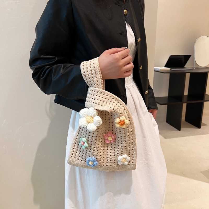 Túi Tote Đeo Vai Mùa Hè 2023 Bằng Vải Dệt Kim Phối Dây Xích Ngọc Trai Rỗng Xách Tay Cho Nữ