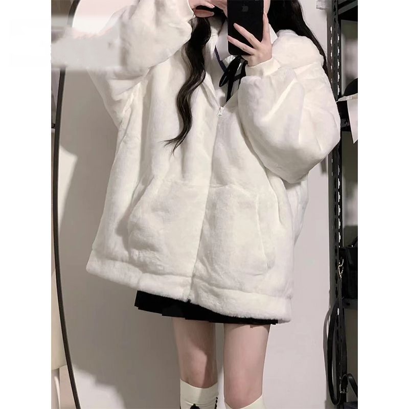 Áo Khoác Lông Nhung Có Mũ Trùm Dáng Rộng Dễ Thương Xinh Xắn Cho Nữ