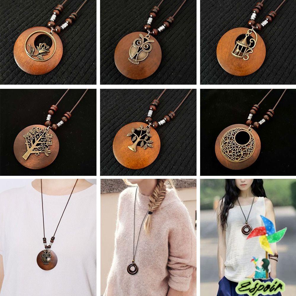 ESPO Vòng cổ Da Phối Mặt Gỗ Phong Cách Vintage