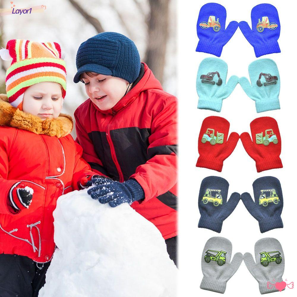 LAYOR1 Set 2 Đôi Găng Tay Dệt Kim Họa Tiết Xe Công Trường Cho Bé