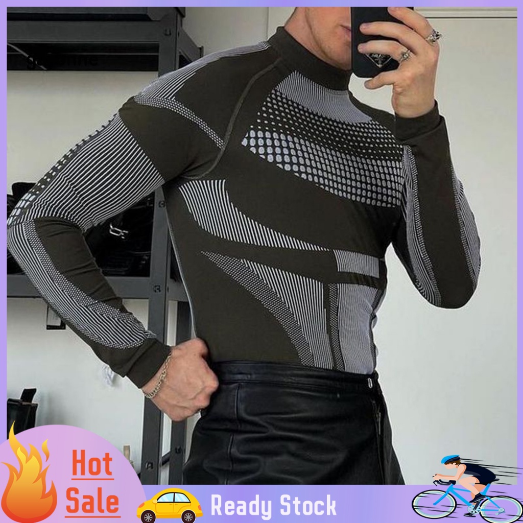 Áo Thun Tay Dài Cổ Cao Ôm Dáng Họa Tiết Kẻ Sọc Màu Sắc Tương Phản Thời Trang Mùa Đông Cho Nam