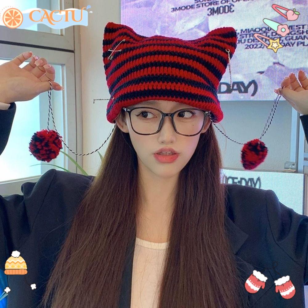 CACTU Mũ beanie Tai Mèo Họa Tiết Kẻ Sọc Dễ Thương Phong Cách Nhật Bản