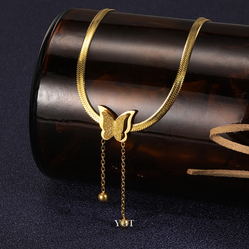Ygt Vòng Cổ Choker Dây Xích Bằng Thép Không Gỉ Mặt Hình Cánh Bướm Màu Vàng Kim Vintage Cho Nữ