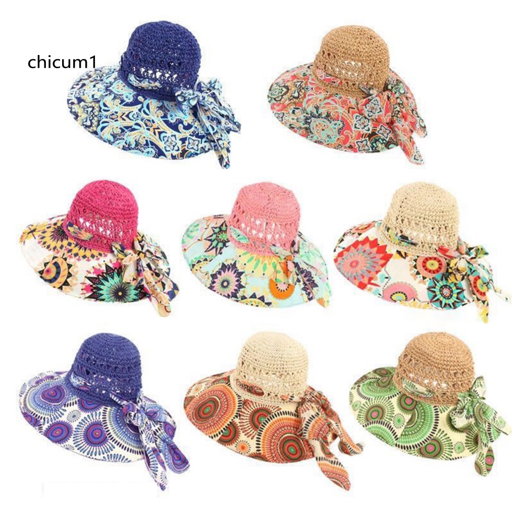 Mũ Cói Rộng Vành Thắt Nơ In Họa Tiết Thổ Cẩm Màu Sắc Dành Cho Nữ