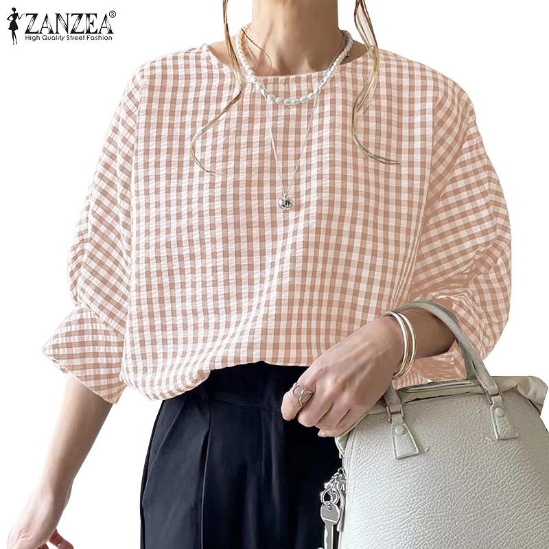 ZANZEA Áo Cánh Dơi 3 / 4 Hở Lưng Họa Tiết Sọc Caro Thời Trang Cho Nữ