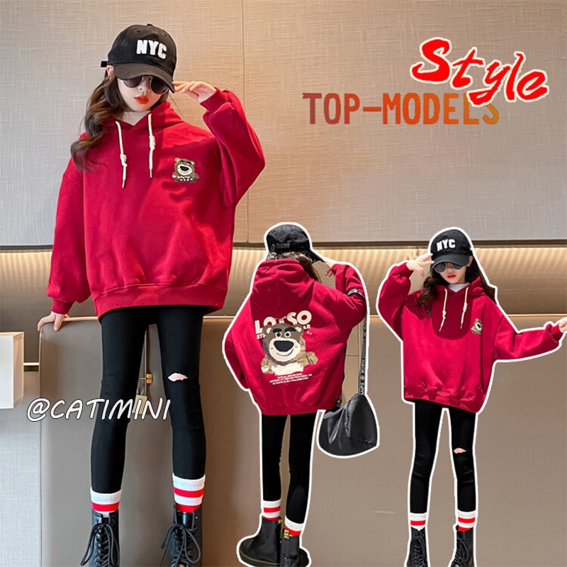 CATIMINI Áo sweater Phối Nhung Dày Dặn In Họa Tiết Gấu / Dâu Tây Dễ Thương Thời Trang 2023 Cho Bé Gái