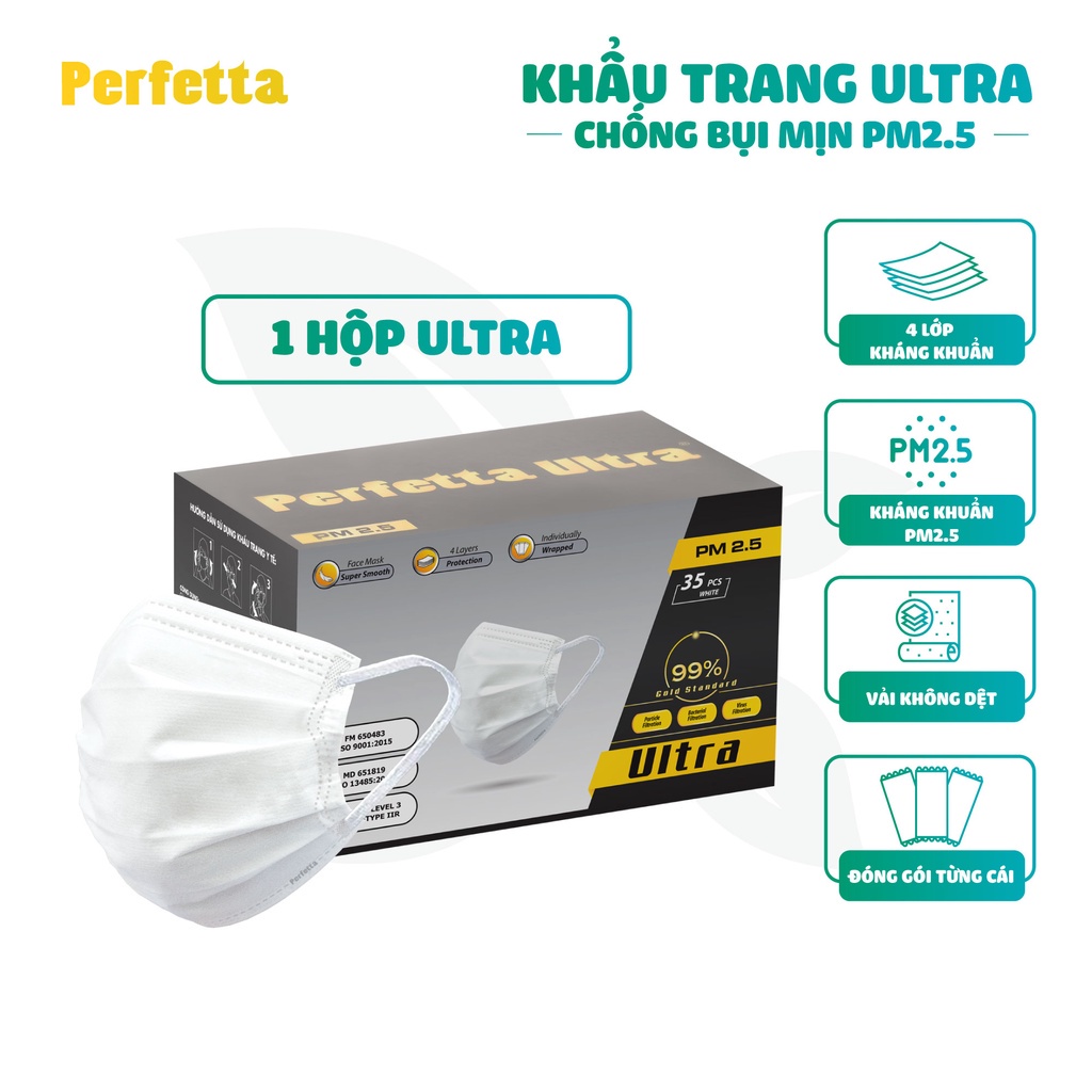 Khẩu Trang Y Tế Cao Cấp -Chính hãng Perfetta Ultra 4 Lớp Kháng Khuẩn, Lọc Bụi Mịn PM 2.5 (35 cái/hộp)