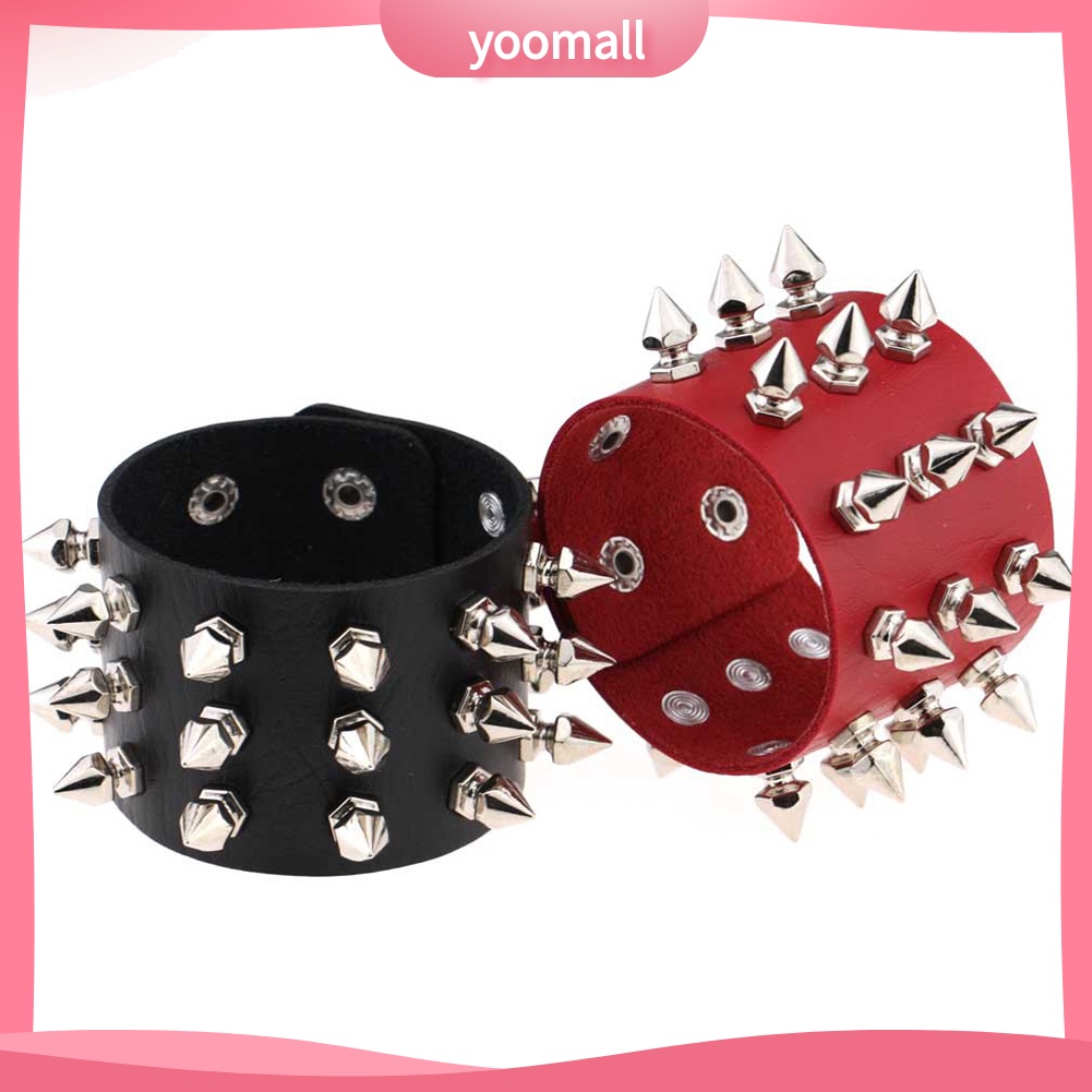 [YM] Vòng Tay Giả Da Đính Đinh Tán Mũi Nhọn Ba Đường Kẻ Bằng Thép Không Gỉ Punk