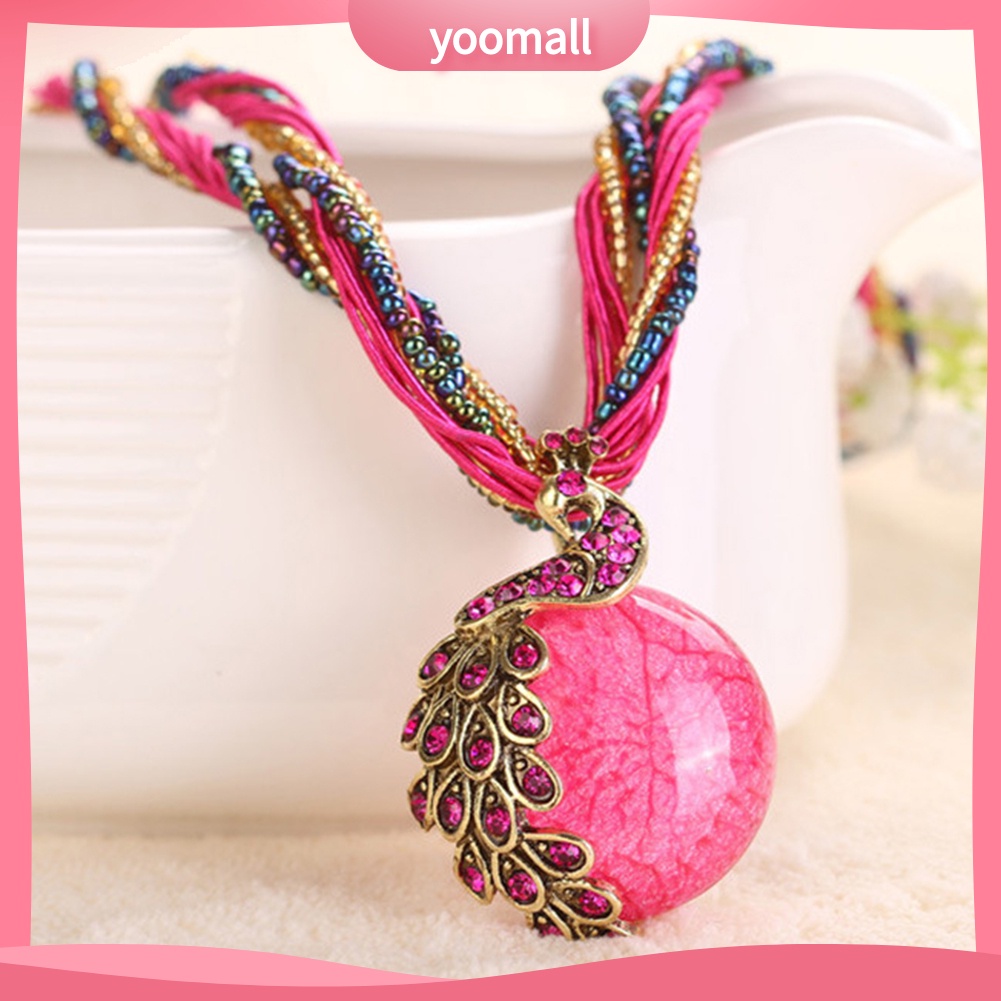 Vòng cổ Mặt Tròn Hình Chim Công Đính Đá Opal Nhân Tạo Phong Cách Bohemian