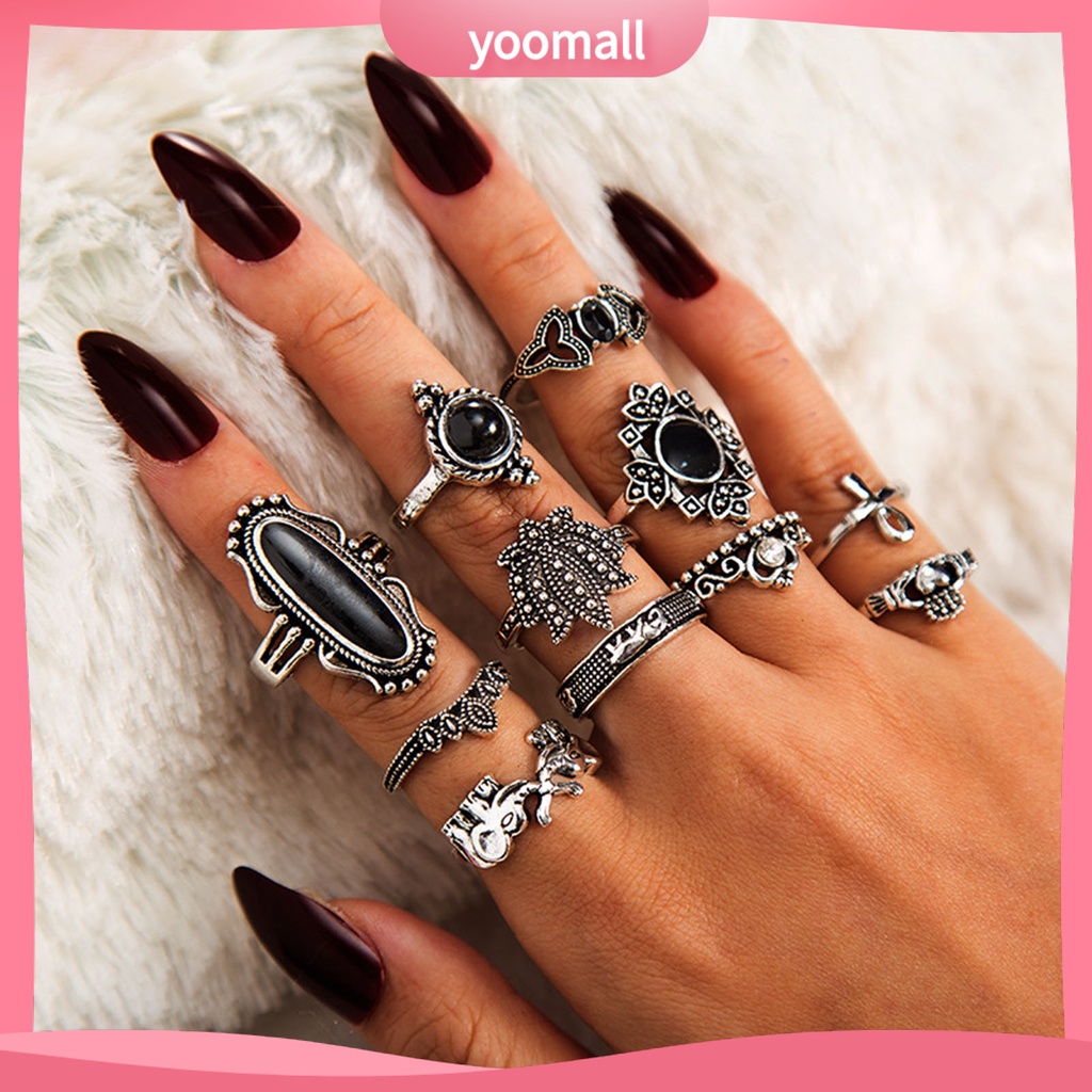 Set 11 Nhẫn Đeo Khớp Ngón Tay Màu Đen Phong Cách Bohemia