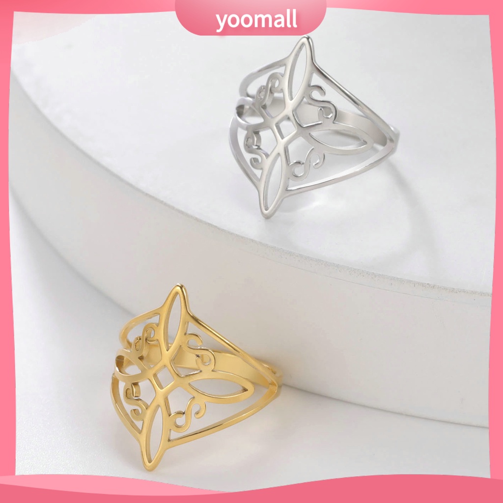 [YM] Nhẫn Thép Không Gỉ Họa Tiết Hình Học Rỗng Mạ Điện Sáng Mịn Màng Thắt Nút Phù Thủy Mặc Hàng Ngày Cho Nữ