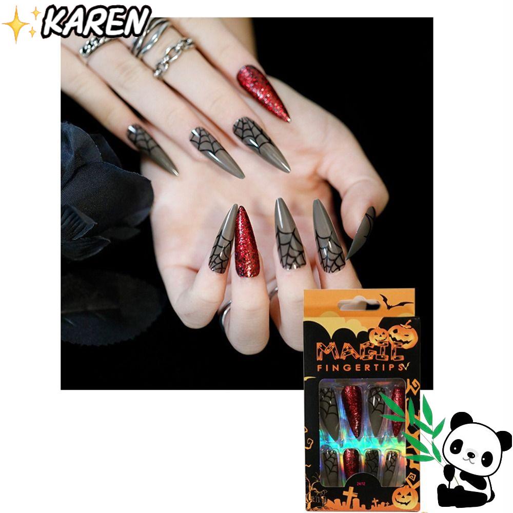 KAREN Bộ 24 Móng Tay Giả Che Phủ Toàn Diện Có Thể Tái Sử Dụng Trang Trí Halloween