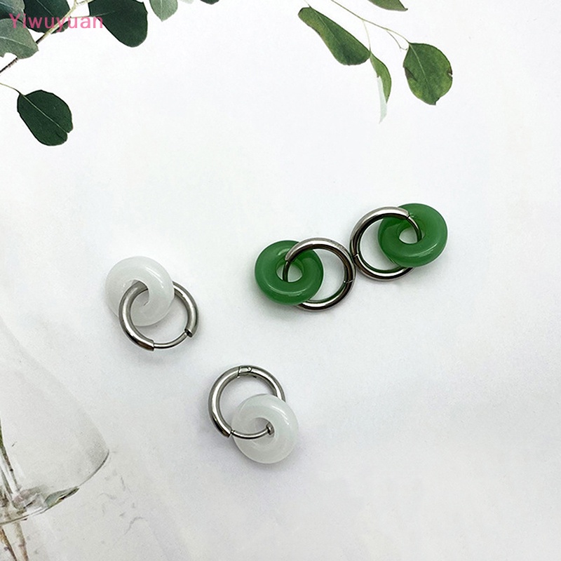 < Yiwuyuan > Khuyên Tai Thả Tròn Bằng Thép Titan Đính Ngọc Bích Phong Cách Vintage Cho Nữ