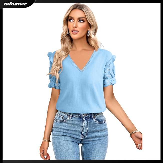 Áo Kiểu Tay Phồng Ngắn Cổ Chữ V Màu Sắc Đơn Giản Thanh Lịch Dành Cho Nữ