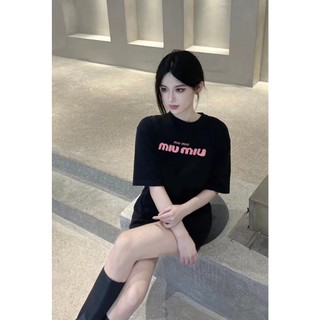 MIU MIU summer new elegant casual letter beaded logo loose slimming short-sleeved T-shirt