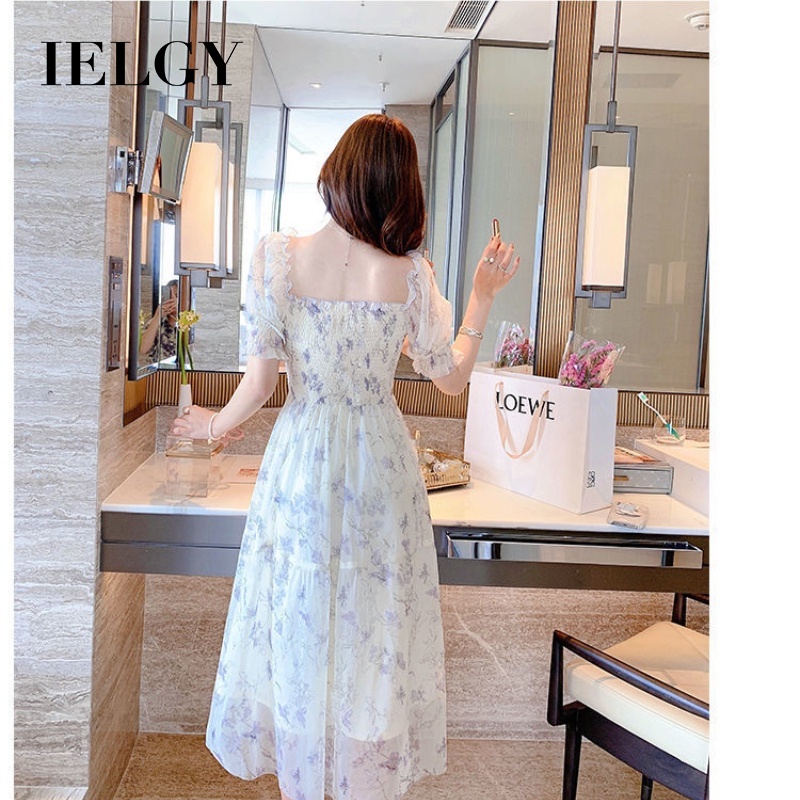 Đầm dài IELGY cổ vuông tay phồng in họa tiết hoa thời trang mùa hè dành cho nữ