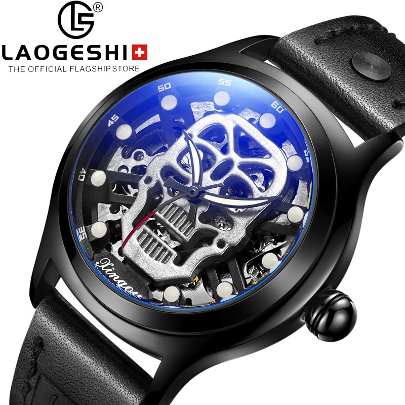 Đồng Hồ Cơ Tự Động Dạ Quang Chống Thấm Nước Hình Đầu Lâu Bằng Da Thật Phong Cách Hip Hop Châu Âu Cho Nam