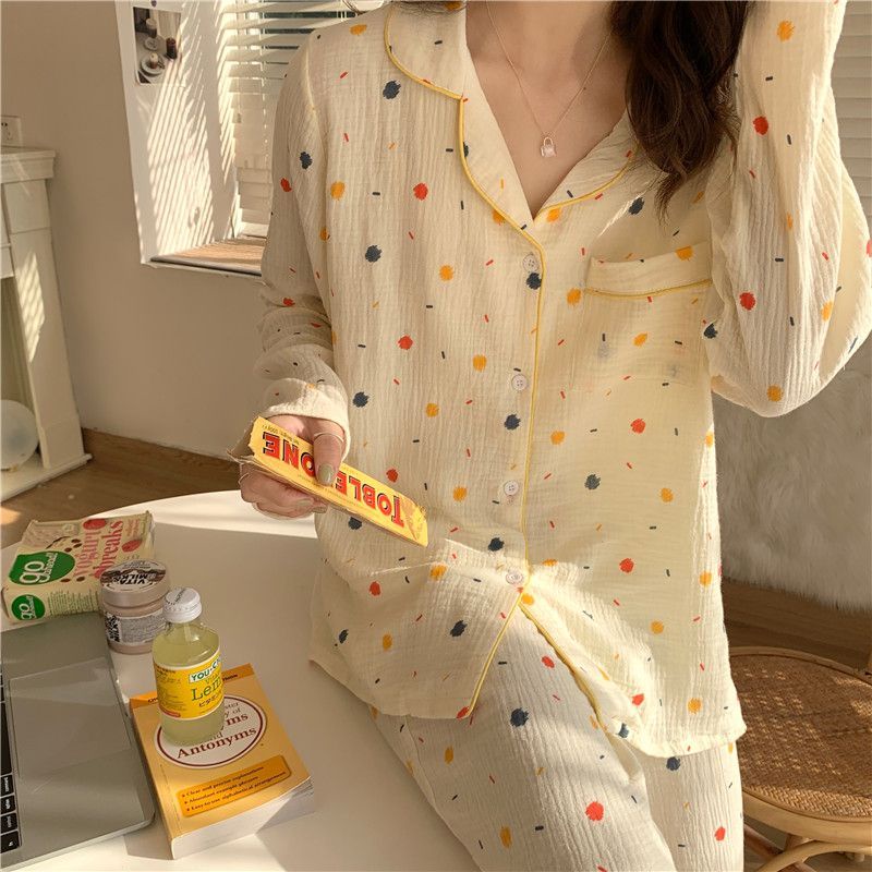 Bộ Đồ Ngủ Dài Tay Họa Tiết Chấm Bi Nhiều Màu Sắc Thời Trang Xuân Thu Cho Nữ