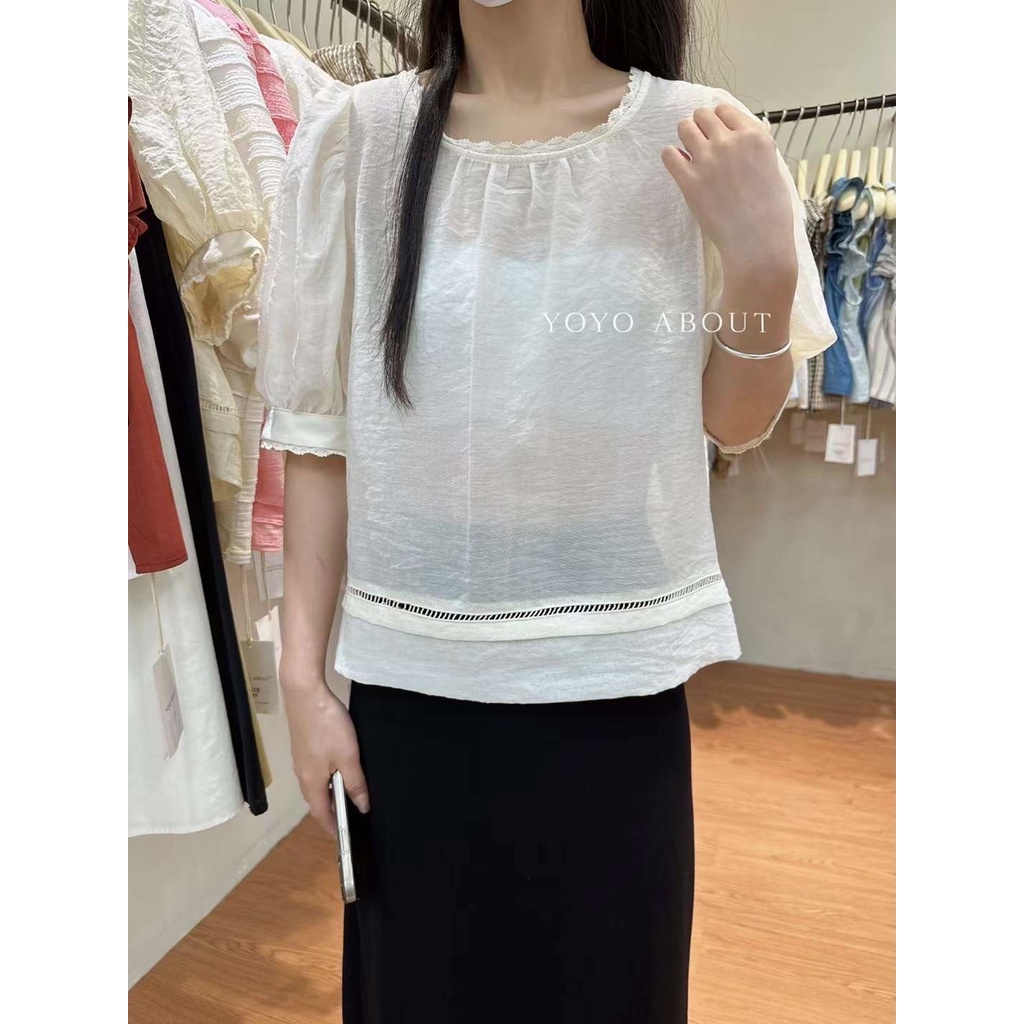 Áo sơ mi viền ren buộc lưng tay bồng A-506 CHALIN, sơ mi kiểu phối khoét sau xinh xắn