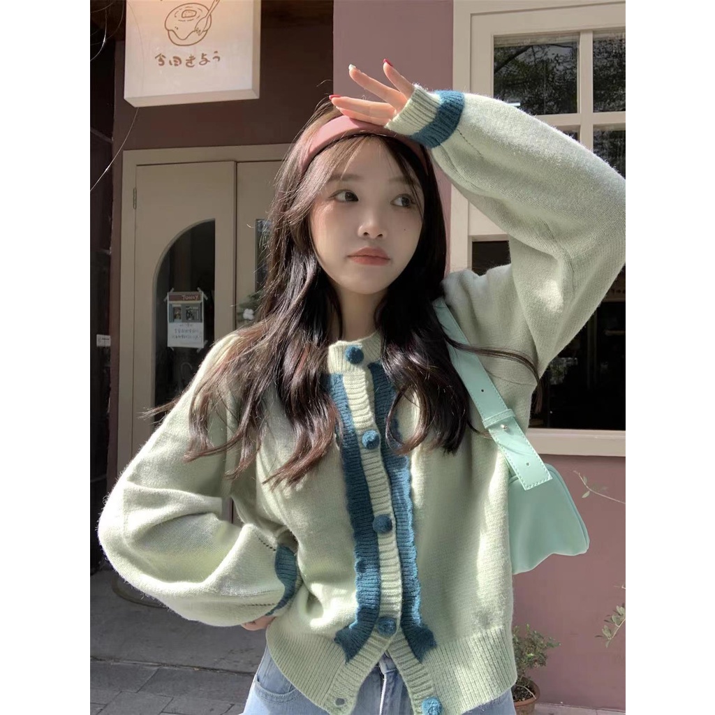 Áo Cardigan Dệt Kim Tay Phồng Cổ Chữ V Thiết Kế Mới Ngọt Ngào Thời Trang Cho Nữ