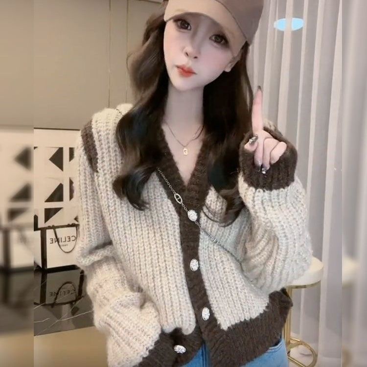 Áo Khoác Cardigan Dệt Kim Dáng Rộng Phối Màu Tương Phản Trẻ Trung Phong Cách Hàn Quốc