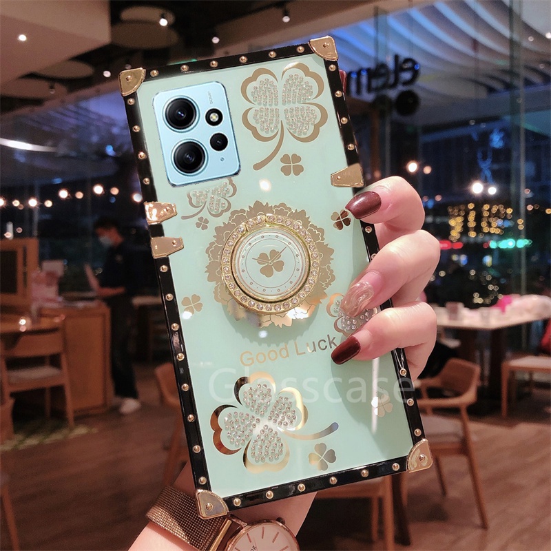 Ốp Điện Thoại Hình Cỏ Ba Lá Đính Đá Gắn Nhẫn Đỡ Cho Xiaomi Redmi Note 12 Pro 12Pro Note12 Note12Pro 4G 5G 2023