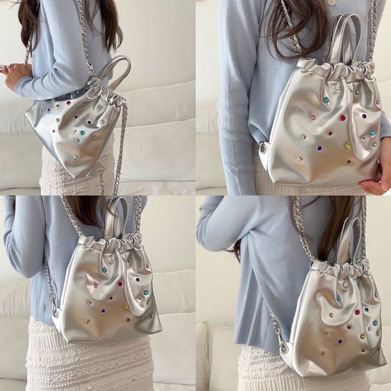 CHIC JOY Ba Lô Dây Rút Đính Đá Nhiều Màu Sắc Phong Cách Hàn Quốc Cho Nữ Sinh