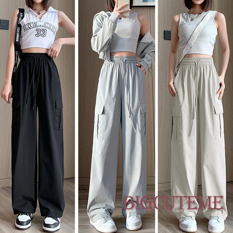 Quần Dài Eo Cao Dáng Rộng Có Túi Màu Sắc Đơn Giản Cho Nữ