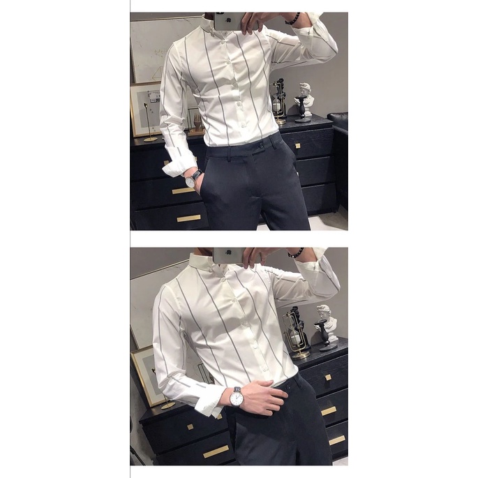 Áo Sơ Mi Nam Cổ Đứng Họa Tiết Sọc