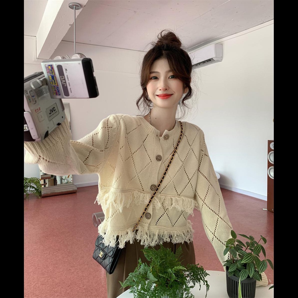Áo Khoác Cardigan Dệt Kim Mỏng Dáng Ôm Thiết Kế Đục Lỗ Phối Tua Rua Thời Trang Cho Nữ