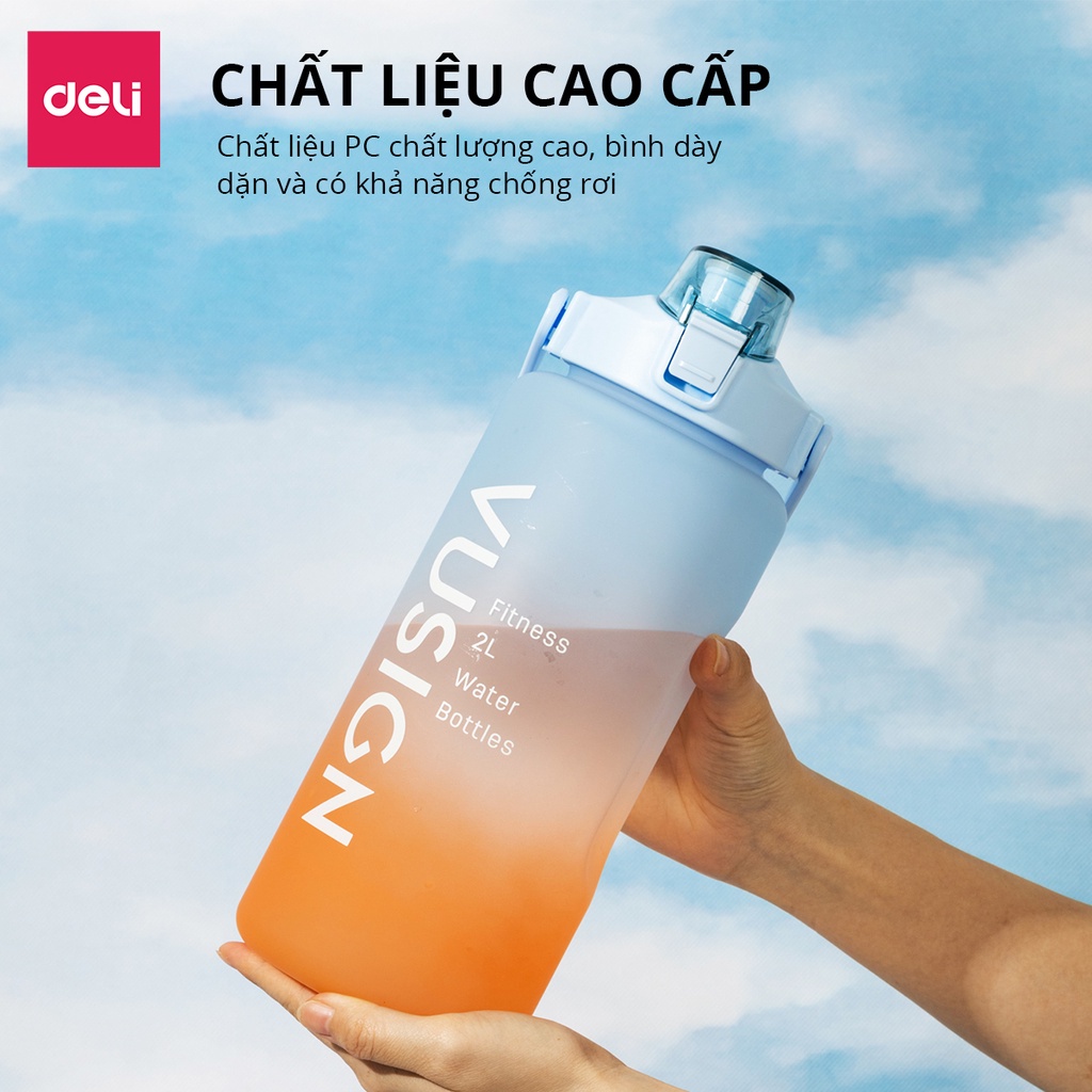 Bình Nước 2 Lít Chia Vạch Thể Thao Nhắc Nhở Deli KHÔNG MÙI NHỰA AN TOÀN Với Sức Khoẻ Có Giấy Kiểm Định Chất Lượng Cute