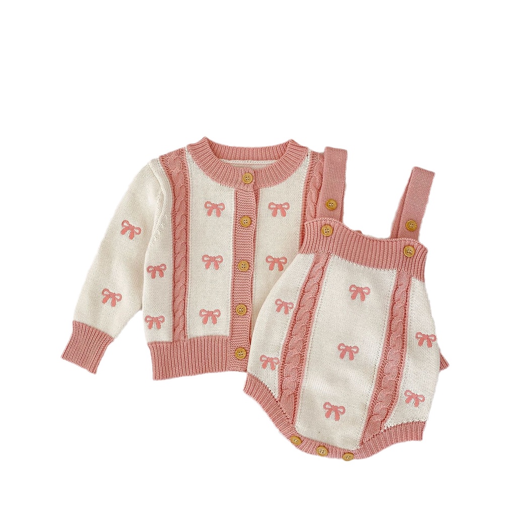 Bộ Áo Liền Quần Dệt Kim Tay Dài Đính Nơ Kèm Áo Khoác Cardigan Thời Trang Mùa Thu Cho Bé Gái 3PI6