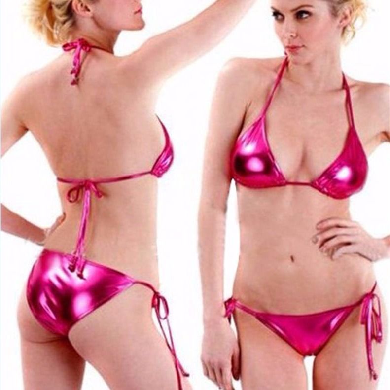 Bộ Đồ Bơi Bikini Ba Điểm Bằng Da Bóng Cột Dây Thoải Mái Phong Cách Mới