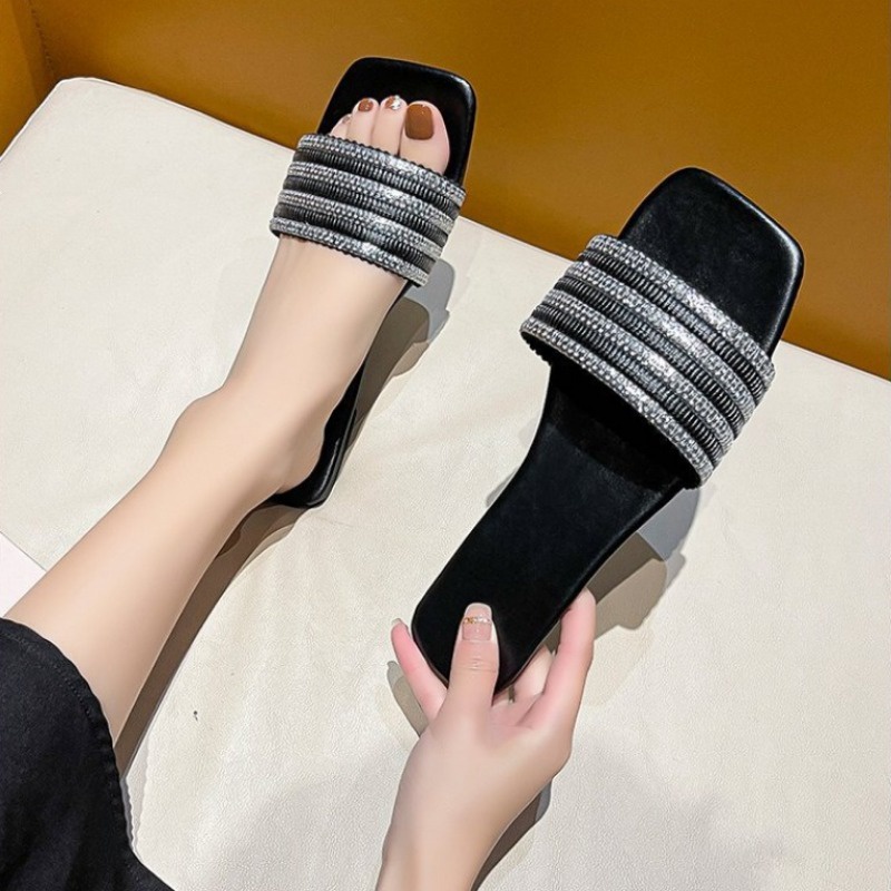 Dép Sandal Đế Bằng Mũi Vuông Đính Đá Phong Cách Thời Trang Hàn Quốc Có size Lớn 35-42 Dành Cho Nữ