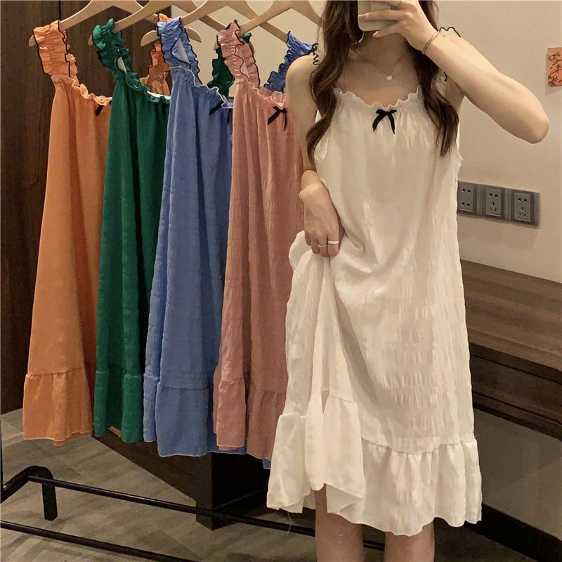 Ruffle edge suspender váy ngủ mùa hè nơ dài trung bình đồ ngủ mặc nhà cho phụ nữ