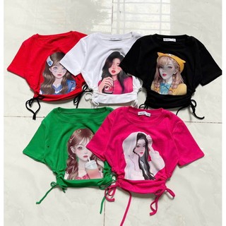 Áo croptop tay ngắn rút dây 2 bên in chữ, in hình cô gái -  alohastore1