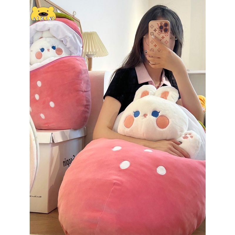 🔥Có Sẵn🔥2 Trong 1Thỏ dâu Gấu Bông con thỏ Cosplay 2 Màu - Bunny Bông Cao Cấp Gấu Bông Thú Nhồi Bông Hình Thỏ dâu Và Cà Rốt Sáng Tạo Cho Bé