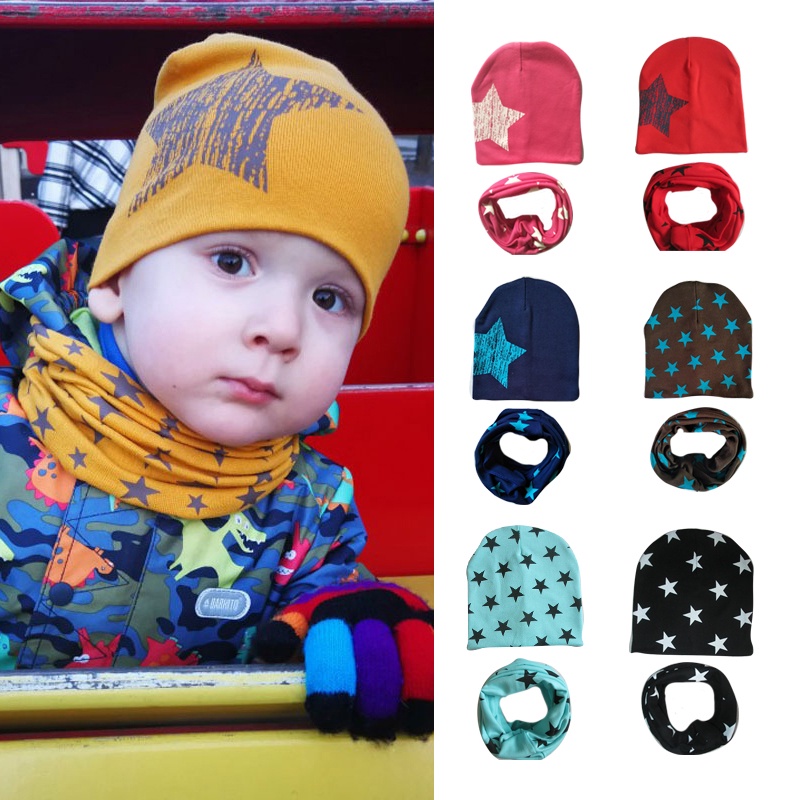 Set 2 Món Mũ Beanie Và Khăn Choàng Cổ In Họa Tiết Ngôi Sao Giữ Ấm Mùa Thu Đông Dành Cho Bé Trai Bé Gái