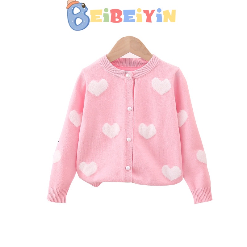 Beibeiyin Áo Khoác cardigan Len Dệt Kim Lông Chồn Trái Tim Mùa Thu Cho Bé Gái