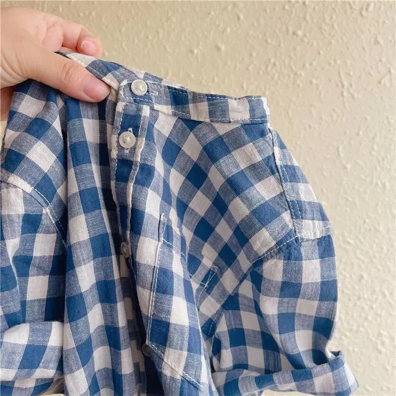 Áo Sơ Mi Cotton Ngắn Tay Cổ Đứng Họa Tiết Kẻ Sọc Thời Trang Mùa Hè Cho Bé